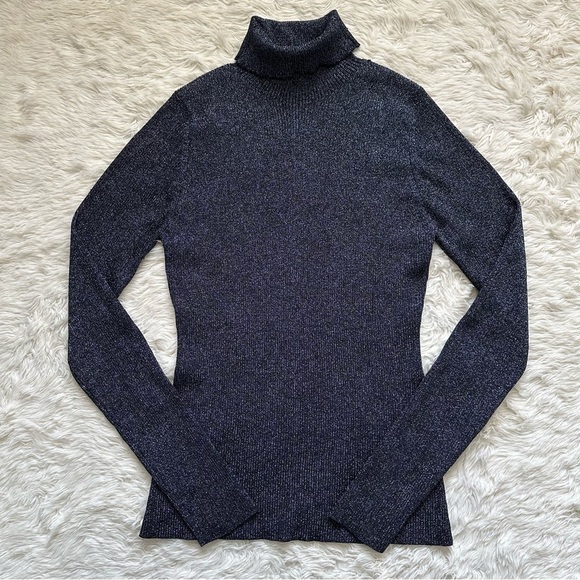 3.1 Phillip Lim Sweater Turtleneck Long Sleeve Ribbed Sparkle Metallic Navy L - Picture 1 of 11